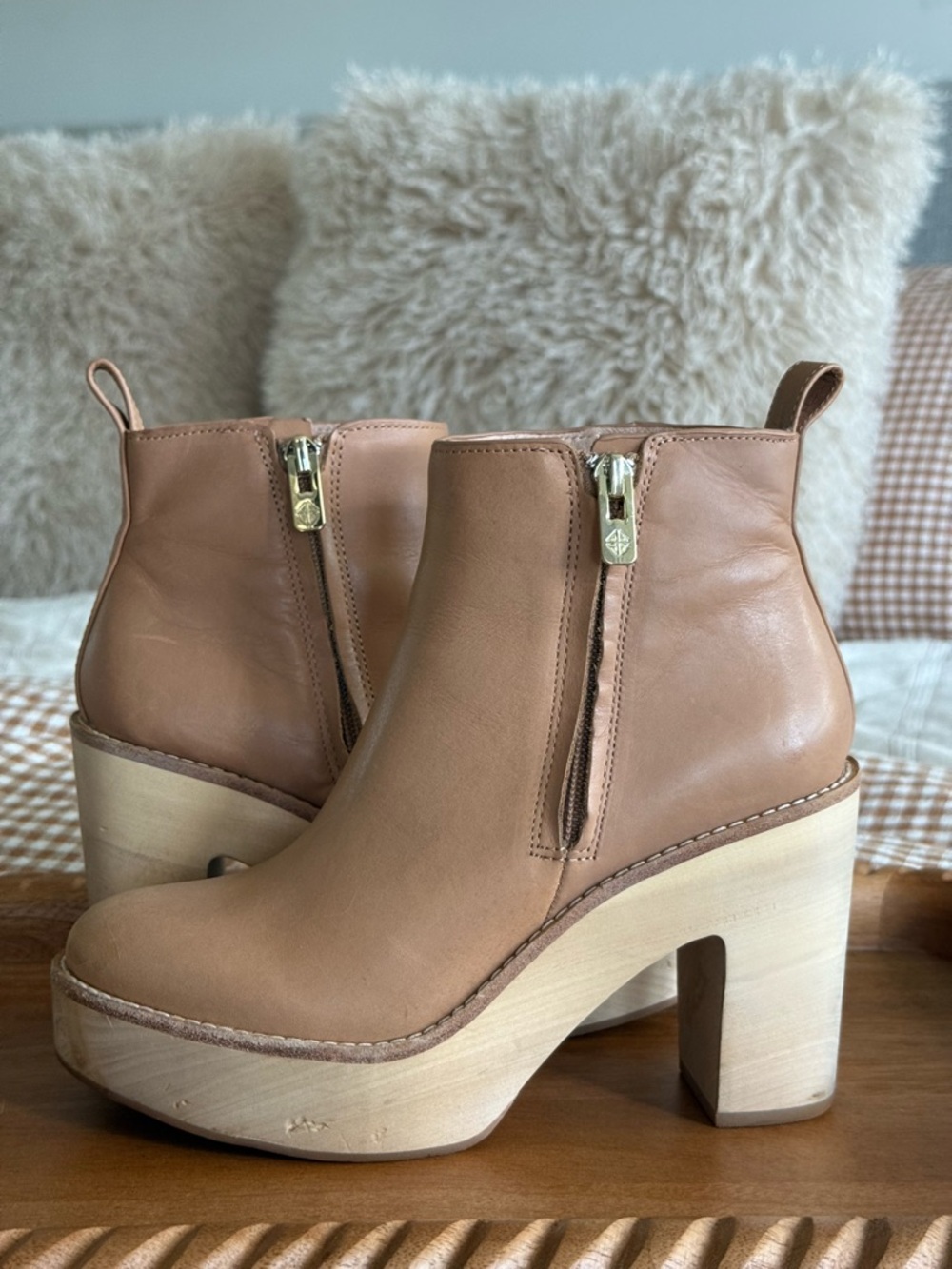 ANTONIO MELANI Tan Leather Platform Clog Boots